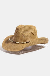 Fame Mixed Beaded Strap Western Fedora Straw Hat Khaki One Size OutfitFlow