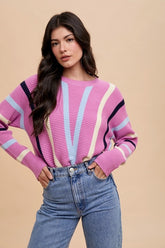 Annie Wear Chevron Stripe Round Neck Ribbed Sweater Orchid OutfitFlow