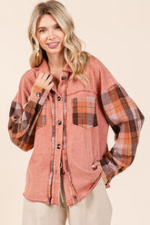 Mittoshop Button Down Contrast Plaid Patchwork Shacket Terracotta OutfitFlow