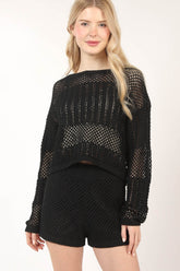 VERY J Openwork Cropped Cover Up and Shorts Set Black OutfitFlow