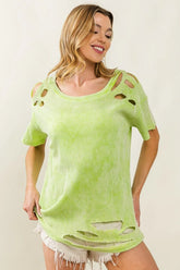 BiBi Laser Cut Mineral Washed Loose Fit Thermal Top NEON GREEN OutfitFlow