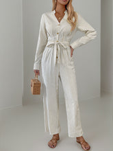 Striped Notched Long Sleeve Tie Waist Jumpsuit Beige OutfitFlow