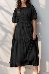 Puff Sleeve Pleated High Waist Flowy Midi Dress Black OutfitFlow