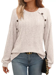 Ribbed Knit Decor Button Long Sleeve T-Shirt Apricot OutfitFlow