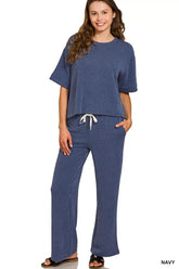 Zenana Raised Rib Short Sleeve Tee & Pants Set NAVY OutfitFlow