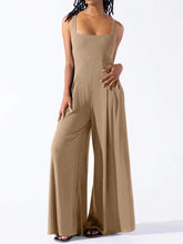 Square Neck Wide Strap Jumpsuit Camel OutfitFlow
