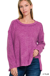 Zenana Brushed Hacci Exposed Seam Hi Low Sweater LT PLUM OutfitFlow