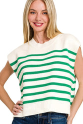Zenana Oversized Crew Neck Stripe Sweater Vest K GREEN OutfitFlow