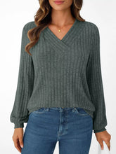 Ribbed Knit V-Neck Long Sleeve T-Shirt Green OutfitFlow