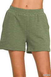 Zenana Cotton Slub Shorts LT OLIVE OutfitFlow