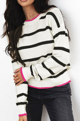 Striped Round Neck Drop Shoulder Sweater Stripe OutfitFlow