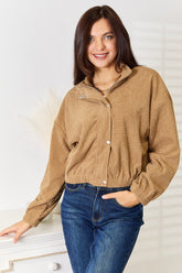 Perfee Long Sleeve Dropped Shoulder Jacket Camel OutfitFlow