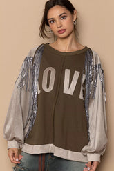 POL Balloon Sleeve French Terry Sweatshirt with Sequin Tassel OLIVE BEIGE OutfitFlow