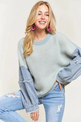ADORA Plus Size Frayed Denim Sleeve Sweater Top BLUE OutfitFlow