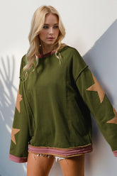 Double Take Star Patched Long Sleeve Sweatshirt Moss OutfitFlow