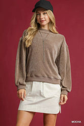 Umgee Velour Crewneck Balloon Sleeve Sweatshirt Mocha OutfitFlow