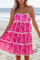 Floral Print Ric Rac Patched Sleeveless Mini Dress Hot Pink OutfitFlow