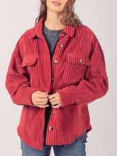 Button Up Long Sleeve Corduroy Jacket Deep Red OutfitFlow