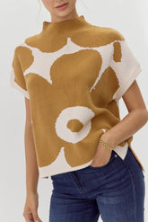 Contrast Flower Mock Neck Short Sleeve Sweater Mustard OutfitFlow