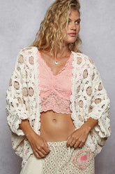 POL Openwork V-Neck Chenille Cardigan with Contrast Floral CREAM LATTE One Size OutfitFlow