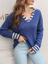 Striped Trim Drop Shoulder Sweater Royal Blue OutfitFlow