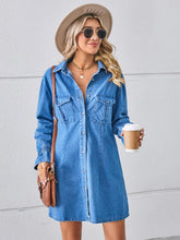 Pocketed Dropped Shoulder Mini Denim Dress Dusty Blue OutfitFlow