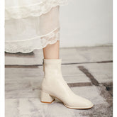 Round Toe Block Heels Boots Cream OutfitFlow