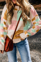 Checkered Round Neck Drop Shoulder Sweater Blush Pink OutfitFlow