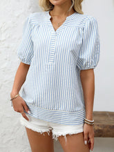 Striped Notched Puff Sleeve Blouse Light Blue OutfitFlow
