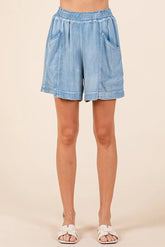 Mittoshop Washed Chambray Elastic Waist Easy Fit Shorts LT DENIM OutfitFlow