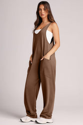Lovelet V-Neck Wide Strap Overalls Brown OutfitFlow