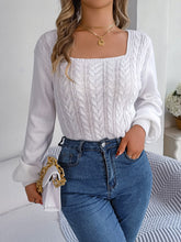 Cable-Knit Square Neck Long Sleeve Sweater White OutfitFlow