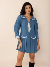 Tie Front Pleated Three-Quarter Sleeve Mini Dress Sky Blue OutfitFlow