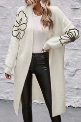 Full Size Flower Open Front Long Sleeve Cardigan Ivory OutfitFlow