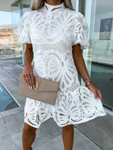 Lace Mock Neck Puff Sleeve Dress White OutfitFlow