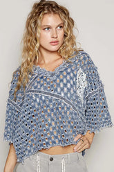 POL V-Neck Short Sleeve Top with Laser Cut Detail Dark OutfitFlow