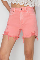 RISEN High Rise Distressed Denim Shorts Flamingo OutfitFlow