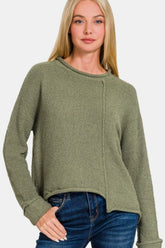 Zenana Asymmetric Hem Drop Shoulder Sweater Lt Olive OutfitFlow