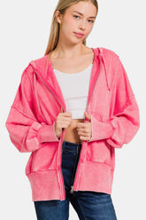 Zenana Acid Washed French Terry Zip-Up Hoodie with Pockets Fuchsia OutfitFlow