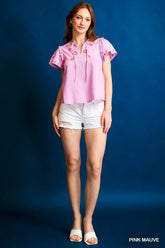 Umgee Floral Embroidered Tie Neck Short Sleeve Blouse PINK MAUVE OutfitFlow