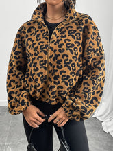 Leopard Zip Up Long Sleeve Jacket Caramel OutfitFlow