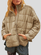 Pocketed Plaid Quilted Zip Up Winter Coat Camel OutfitFlow