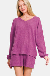 Zenana V-Neck Long Sleeve Ribbed Top and Shorts Set Red-Violet OutfitFlow