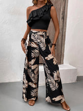 Honey Ruffled Sleeveless Top and Printed Pants Set Black OutfitFlow