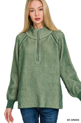 Zenana Ribbed Two Tone Half Zip Sweater DK GREEN OutfitFlow