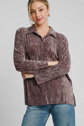 Umgee Side Slit Texture Button Up Shirt Brown OutfitFlow