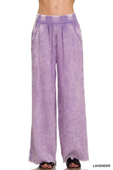 Zenana Washed Double Gauze Elastic Band Waist Pants LAVENDER OutfitFlow
