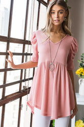 Heimish Full Size Waffle Knit V-Neck Babydoll Top ROSE OutfitFlow