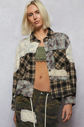 POL Lace Patchwork Plaid Oversized Shirt Black OutfitFlow