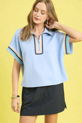 Umgee Contrast Trim Half Zip Collared Blouse ICE BLUE OutfitFlow